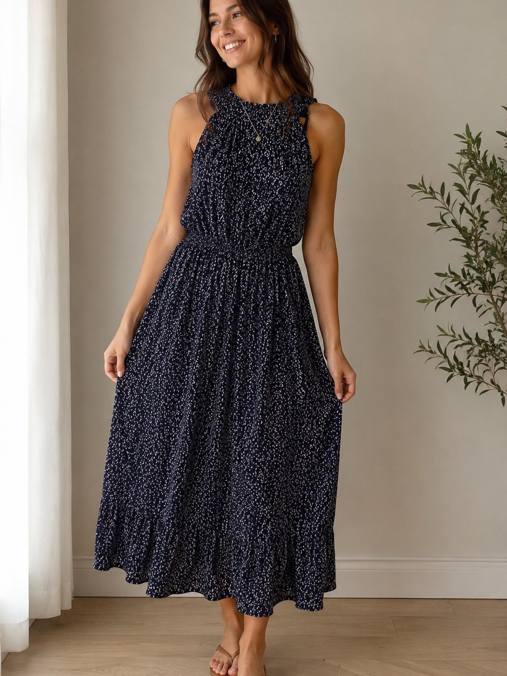 J.O.A. Navy & White Sleeveless Printed Midi Dress | Wedding Guest | Medium